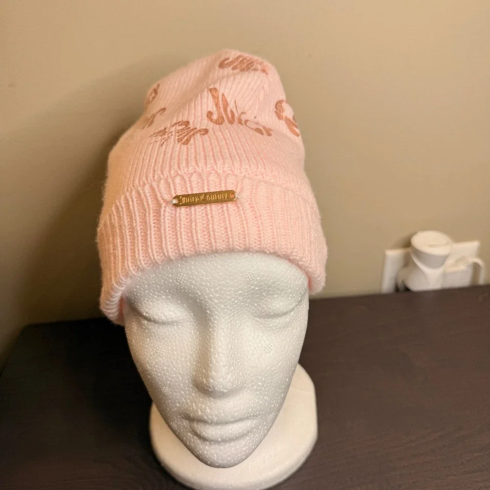 Juicy Couture Kids Pink Knit Beanie Rose Gold Logo Metallic Y2K Faux Fur Lined